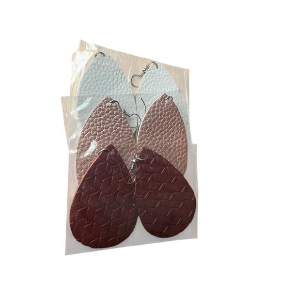 Faux Leather Teardrop Shape Earrings Lot Of 3 Pair Ivory Champagne Burgundy NEW - Picture 3 of 3